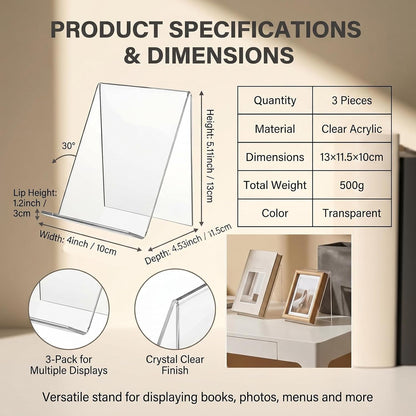 3Pcs Transparent Acrylic Book Stand Clear Book Display Stand Easel Tablet Holder Desktop Decorative Storage Shelf for Notebooks Picture Albums Artworks (100x115x130 MM)