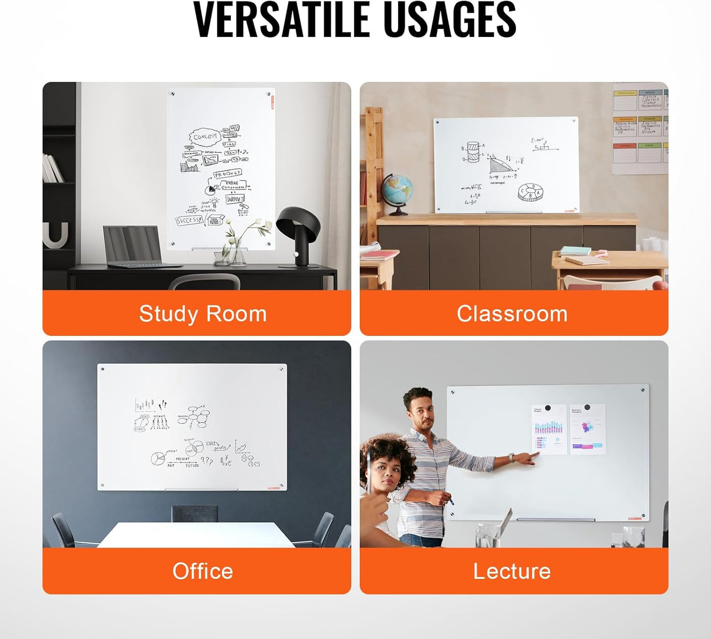 VEVOR Magnetic Glass Whiteboard, Dry Erase Board 36"x24", Wall-Mounted Large White Glassboard Frameless, with Marker Tray, an Eraser and 2 Markers, Black
