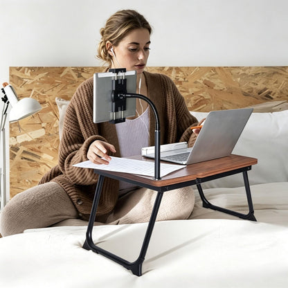 Foldable Lap Desk for Bed and Sofa, Portable Laptop Desk with Gooseneck Phone Stand, Cup Holder & Mouse Pad Extension, Extra Large Bed Desk Tray fits up to 17" Laptops (Walnut)
