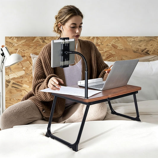 Foldable Lap Desk for Bed and Sofa, Portable Laptop Desk with Gooseneck Phone Stand, Cup Holder & Mouse Pad Extension, Extra Large Bed Desk Tray fits up to 17" Laptops (Walnut)