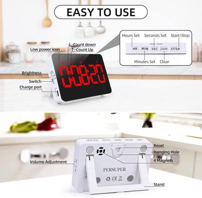 PERSUPER Kitchen Digital Timer, Count Down Up, Rechargeable, Vibration Mode Adjustable Volume and Brightness LED Display, Time Management Cook, Desk, Kids Adults Study Teaching, Kitchen Gadgets RGB