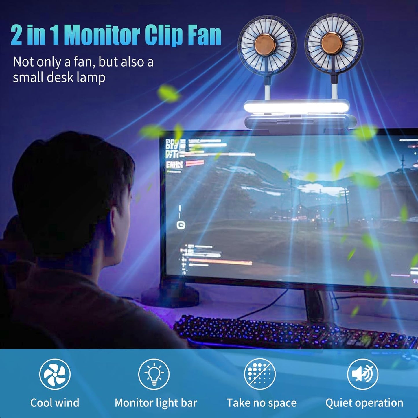 Monitor Fan with LED Lights, USB Desktop Fan with 2 Rotatable Heads, 3 Speeds Desk Fans Small Quiet with Sturdy Adjustable Clamp, Strong Wind Office Personal Cooling Fans for Laptop, Desktop.