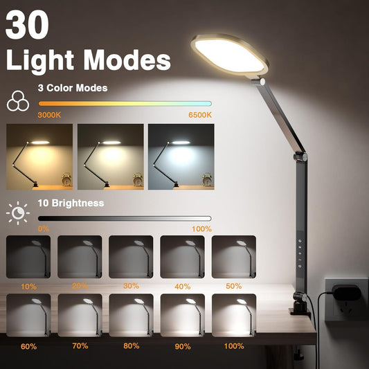 Desk Lamps for Home Office, 2000LM Eye-Caring Desk Light with Clamp, Dimmable Zoom Lighting with 3 Colors & 10 Brightness, Remote Computer Ring Light for Video Calls,Conference, Reading, CRI>97.8