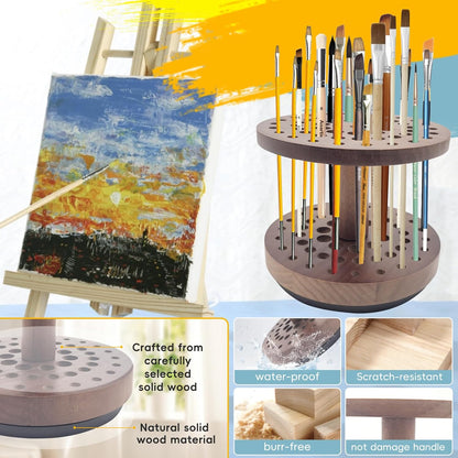 360 Degree Friction-Free Rotating Paint Brush Holder, 52 Multi-Size Hole Natural Hardwood Storage Stand, Space-Saving Desktop Organizer for Artist, Watercolor, Makeup Brushes and Craft Tools (brown)