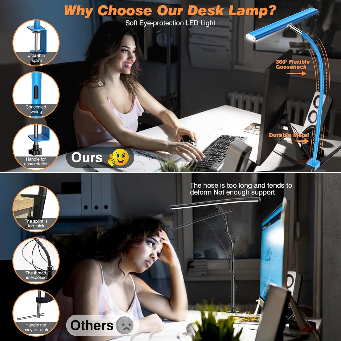 Airlonv LED Desk Lamp for Office Home, Eye-Caring Desk Light with Stepless Dimming Adjustable Flexible Gooseneck, 10W USB Adapter Desk Lamp with Clamp for Reading, Study, Workbench (Black)