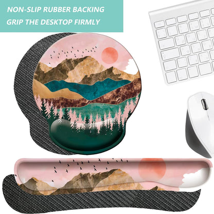 Keyboard Wrist Rest Pad Mouse Pad with Wrist Support Set of 3, Mousepad with Non-Slip Rubber Base, Ergonomic Memory Foam Mouse Wrist Cushion Support for Home Office Laptop Computer Gaming, Forest