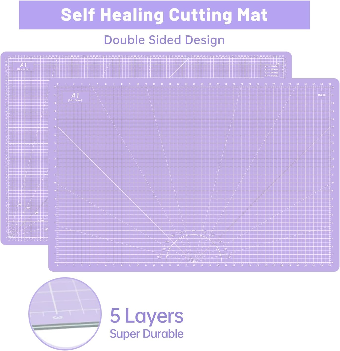 Headley Tools Rotary Cutter Set - 45mm Fabric Cutter, 5 Extra Rotary Blades, A3 Cutting Mat, Quilting Ruler and Sewing Clips, Craft Knife Set, Ideal for Crafting, Sewing, Patchworking, Purple