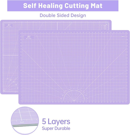 Headley Tools Rotary Cutter Set - 45mm Fabric Cutter, 5 Extra Rotary Blades, A3 Cutting Mat, Quilting Ruler and Sewing Clips, Craft Knife Set, Ideal for Crafting, Sewing, Patchworking, Purple