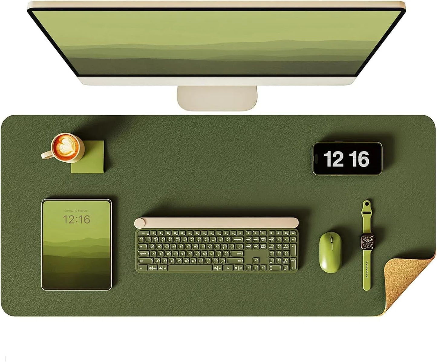 YSAGi Double-Sided Desk Pad, 31.5"x15.7"Leather Desk Mat, Eco Cork Desk Pad Protector,Large Mouse Pad,Waterproof Desk Blotter for Office/Home(Coffee)