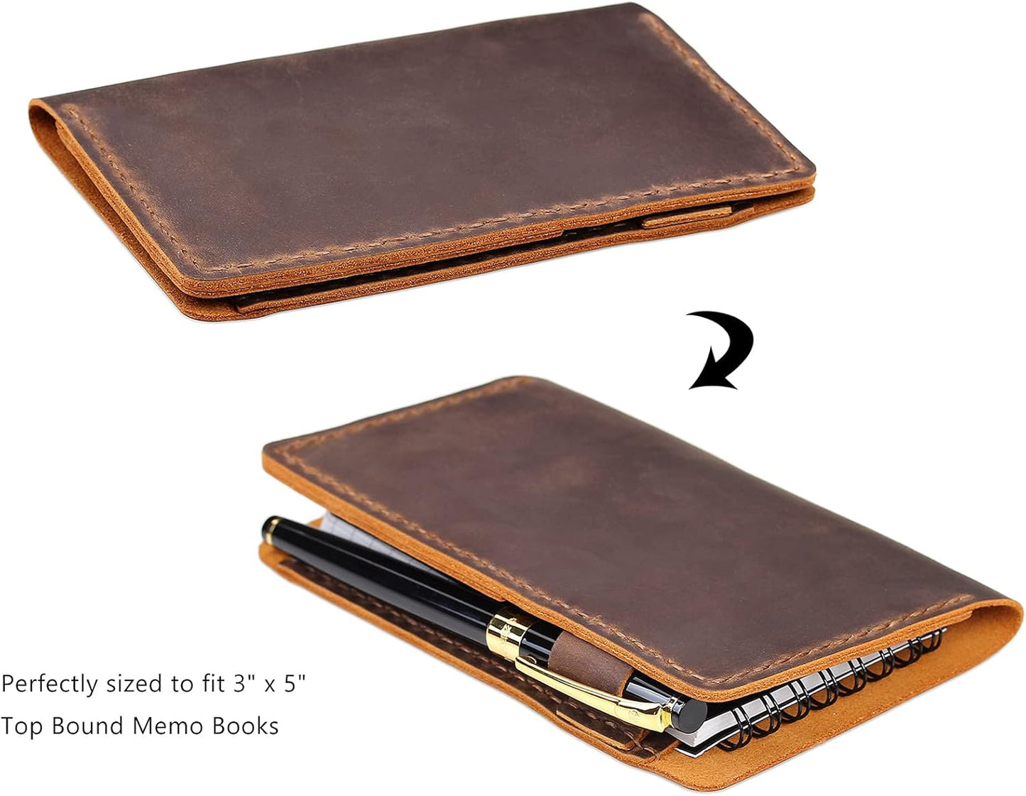 Robrasim Top Bound 3"x5" Memo Notebook Covers, Genuine Leather Cover for 3x5 Top-Spiral Notebook, Memo Book Cover Note Pad Holder Cover Only, Brown