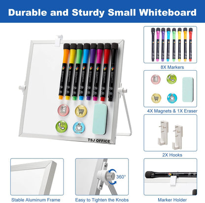 TSJ OFFICE Small White Board - 12 X 16 Inches Small Magnetic Dry Erase Board with Hooks for Wall, Desktop Whiteboard Stand 360 Degrees Revolving Double Sided for Office, Home, School, Silver