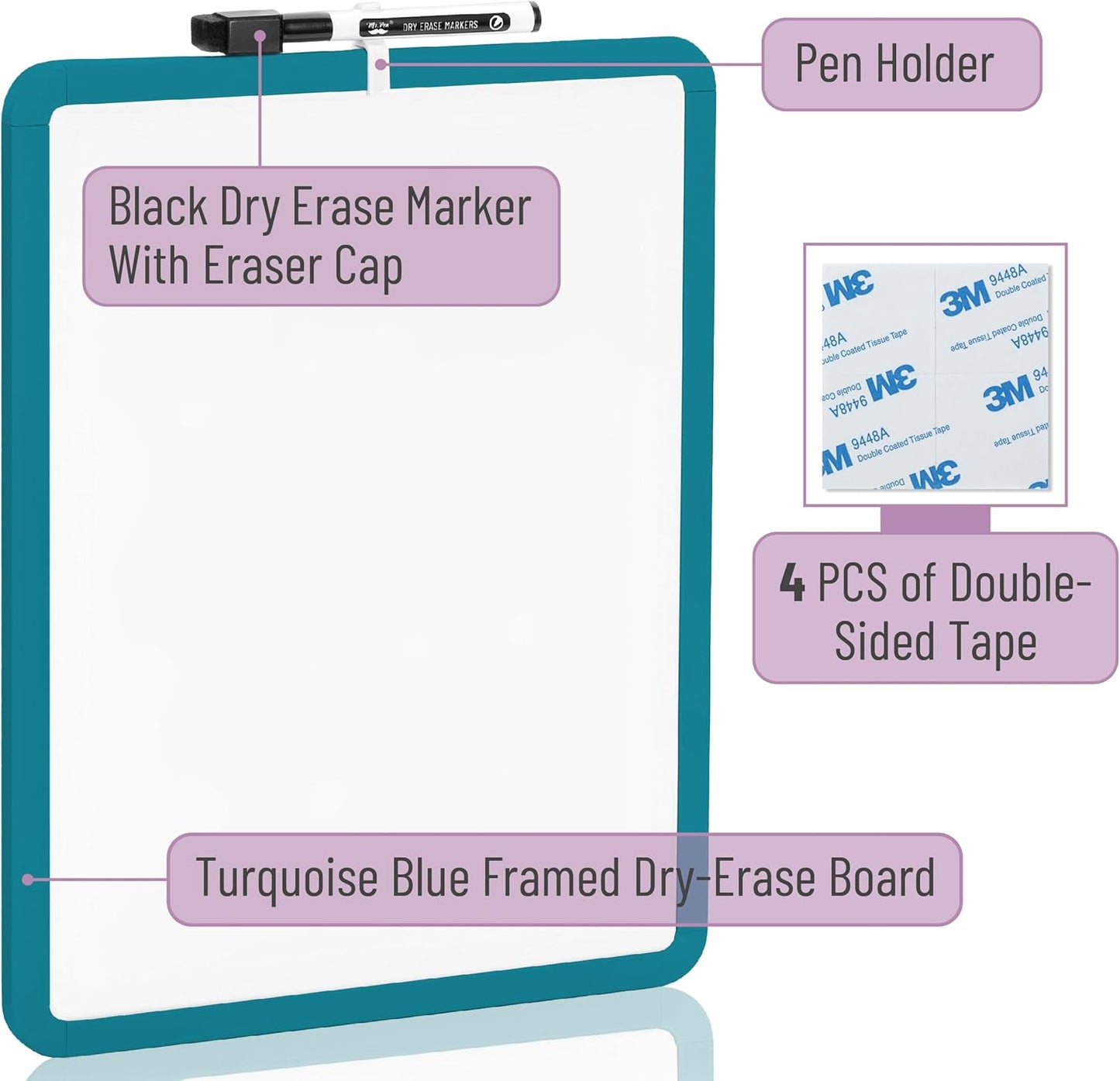 Mr. Pen- Dry Erase Board, 14” x 11” with a Black Dry Erase Marker, White Frame, Small Mini White Board for Students, Fridge, Wall, Locker, Includes Double Sided Tapes