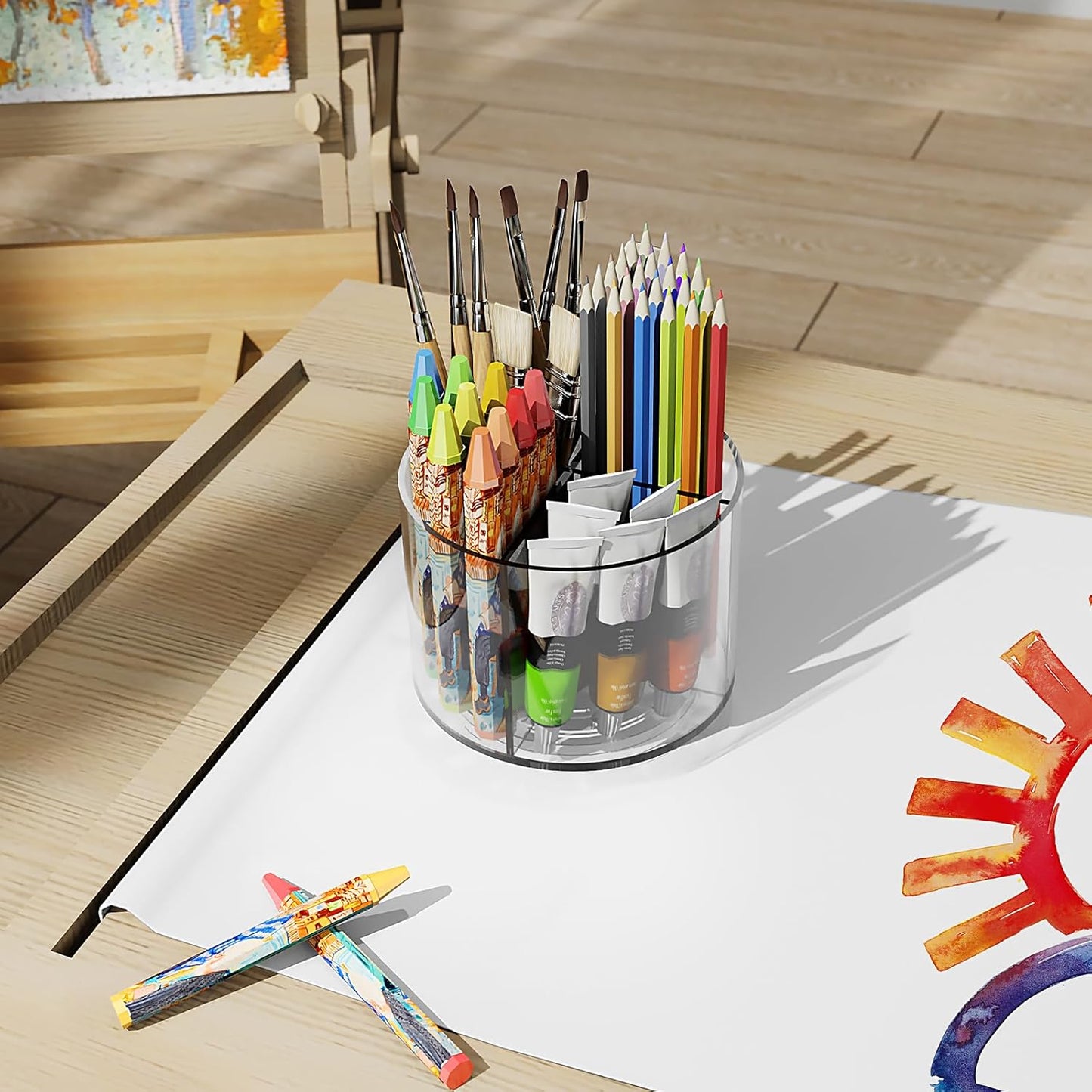 Mefirt Acrylic Pen Holder, 360 Degree Rotating Pen Organizer, Rotating Desk Acrylic Office Organizer with 6 Compartments, Marker Organizer for Kid, Crayon Caddy School Art Supply Storage Organizer