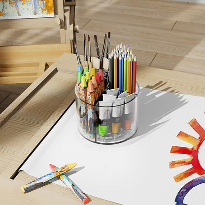 Mefirt Acrylic Pen Holder, 360 Degree Rotating Pen Organizer, Rotating Desk Acrylic Office Organizer with 6 Compartments, Marker Organizer for Kid, Crayon Caddy School Art Supply Storage Organizer
