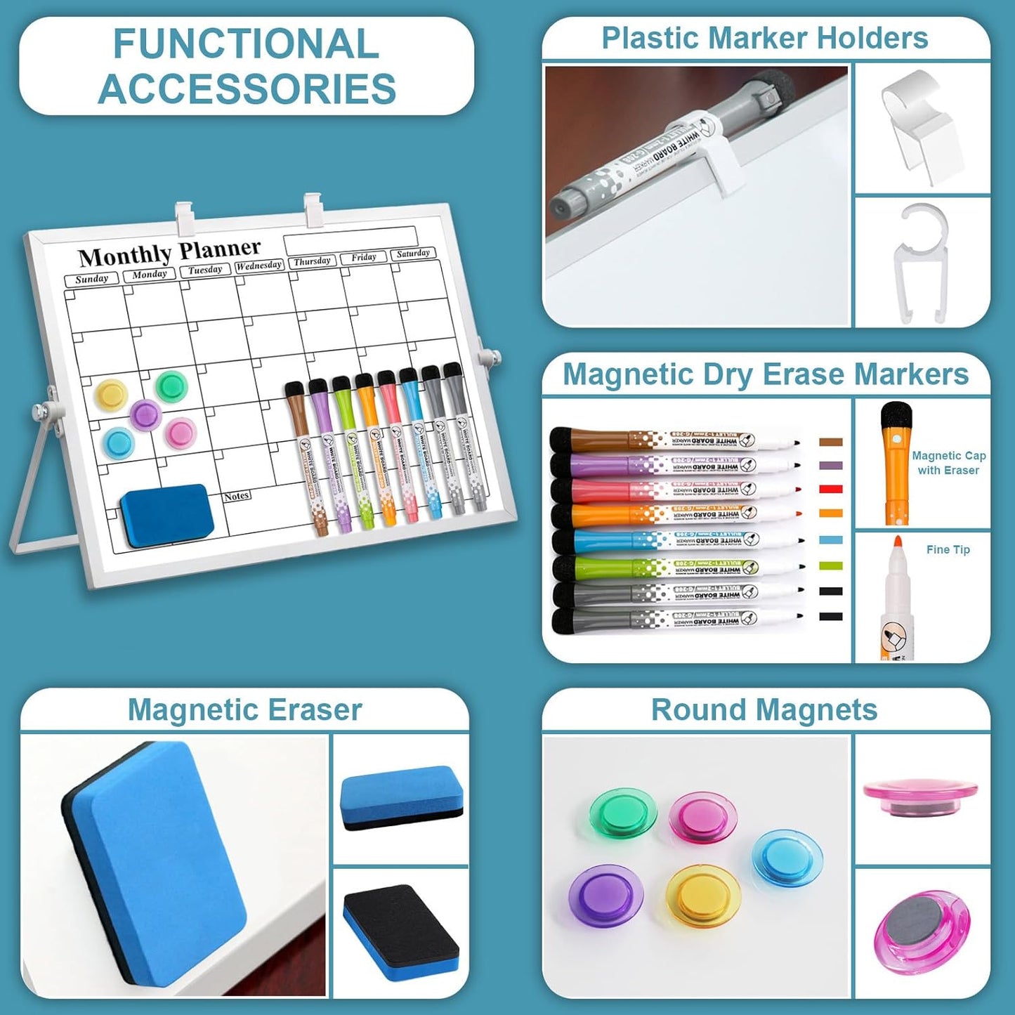 Magnetic Dry Erase White Board with Stand, 10" x 10" Double-Sided Desktop Whiteboard, Mini Portable Weekly Calendar Planner Board Set with 6 Markers, 4 Magnets, 1 Marker Holder & 1 Eraser
