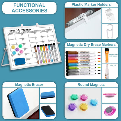Magnetic Dry Erase White Board with Stand, 10" x 10" Double-Sided Desktop Whiteboard, Mini Portable Weekly Calendar Planner Board Set with 6 Markers, 4 Magnets, 1 Marker Holder & 1 Eraser