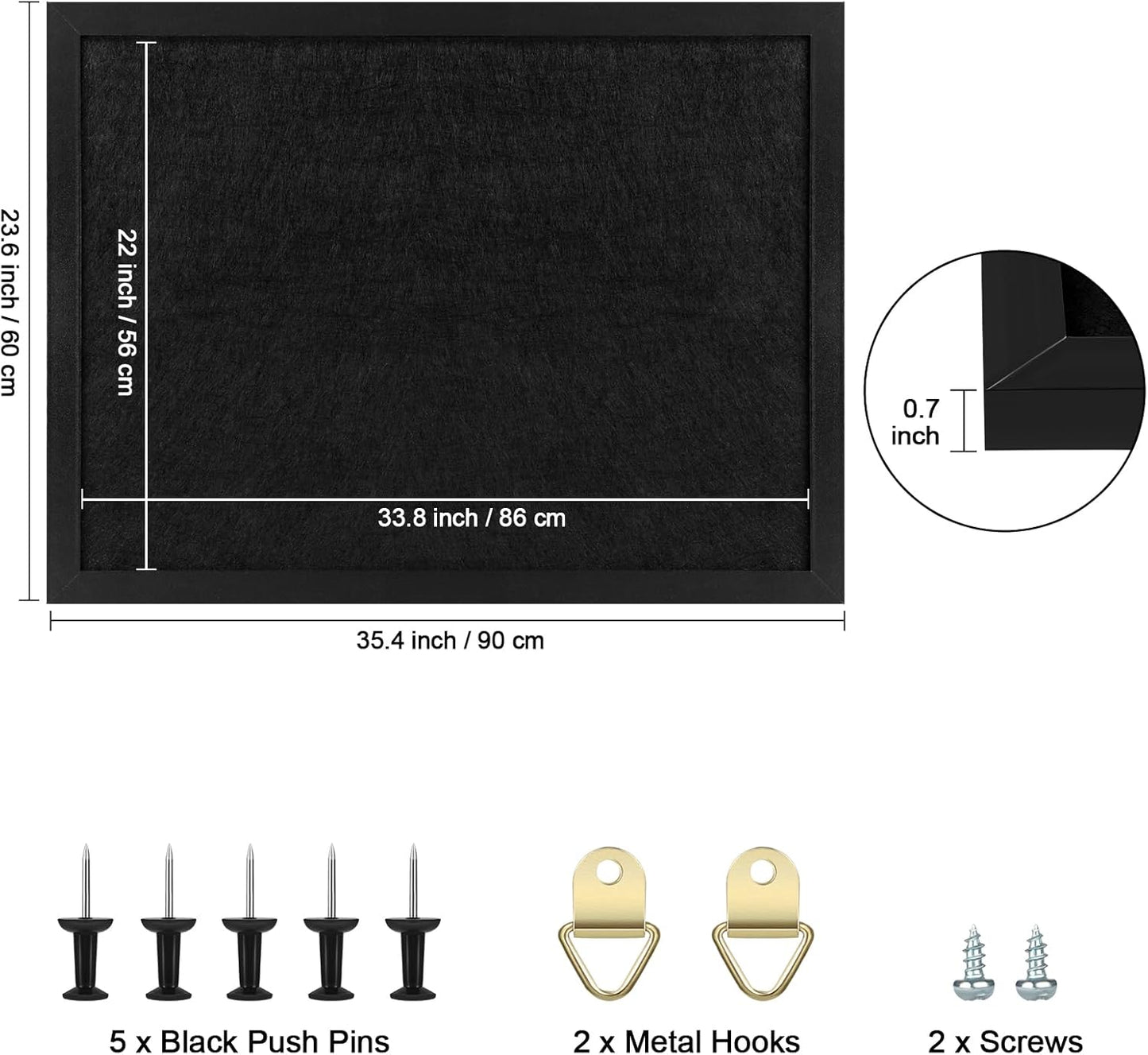 TORASO Cork Board Bulletin Board with Felt,Wood Framed Display Bulletin Board for Walls with Pins, Eye Bolts, gaskets, Screws, Pin Board for Office, School and Home(Black,1pc)