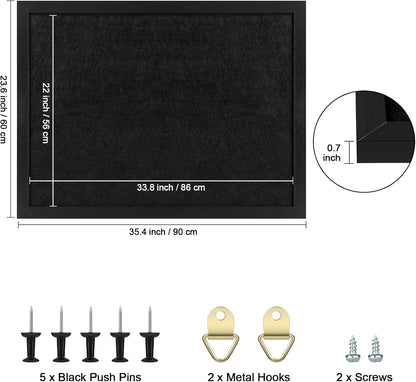 TORASO Cork Board Bulletin Board with Felt,Wood Framed Display Bulletin Board for Walls with Pins, Eye Bolts, gaskets, Screws, Pin Board for Office, School and Home(Black,1pc)