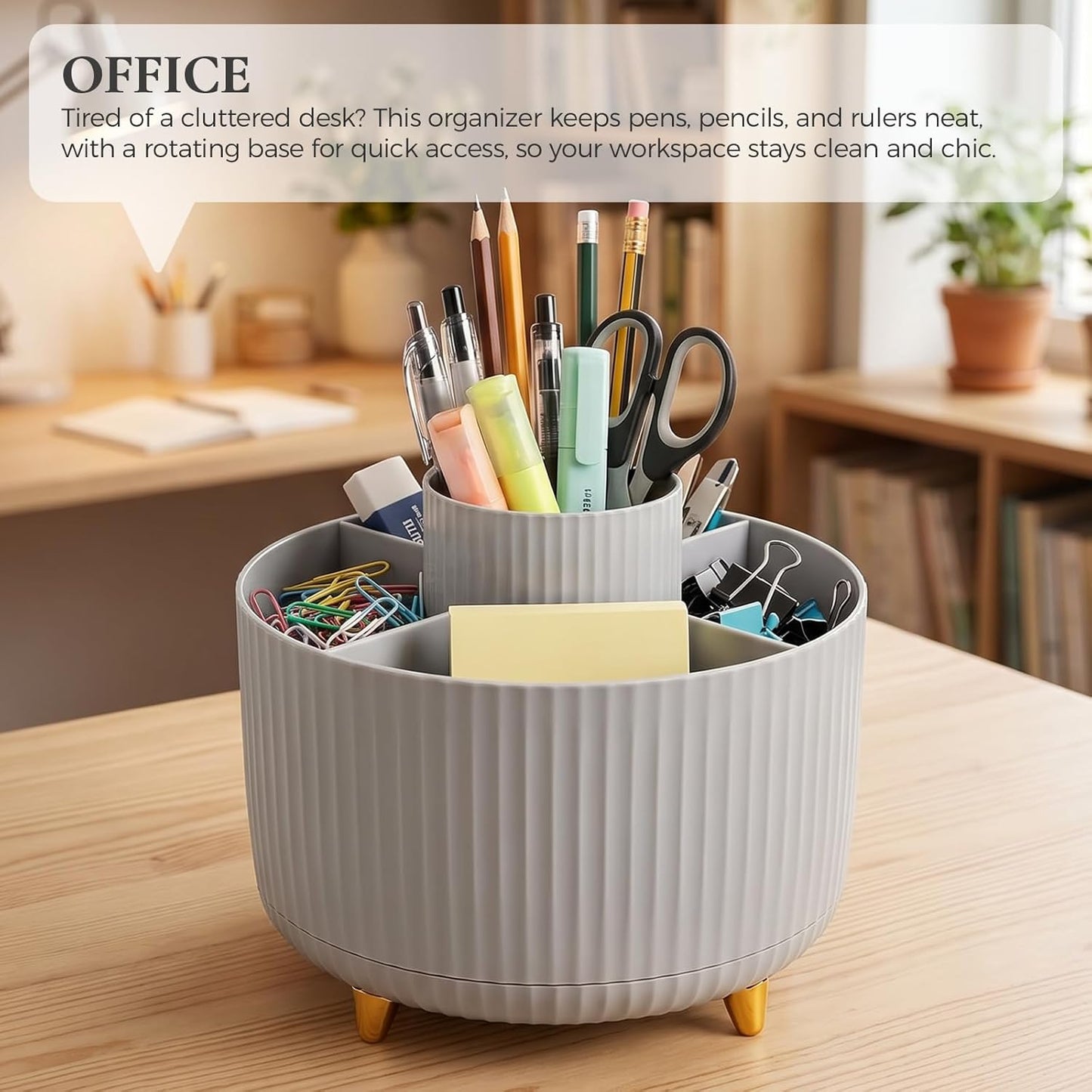 KONVINIT Pencil Pen Holder for Desk, 5 Slots 360 - Degree Rotating Desktop Organizer, Cute Desk Organizers and Accessories for School, Home, Office and Art Supply, Black