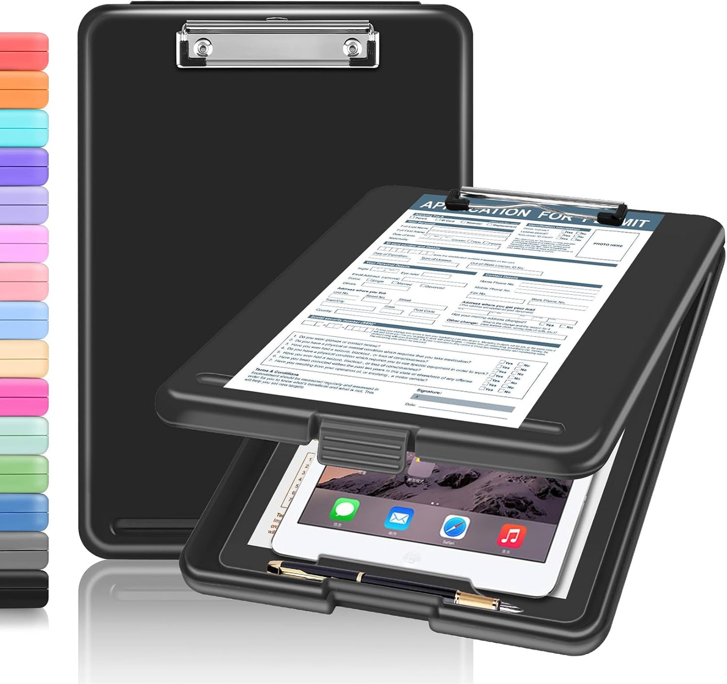 ANZNKU Clipboards with Storage, 13x9.6 Heavy Duty Nursing Clipboard Foldable, Plastic Storage Clipboard with Pen Holder, Cute Clip Board Folder for Teacher Nurse Work, School & Office Supplies(Black)