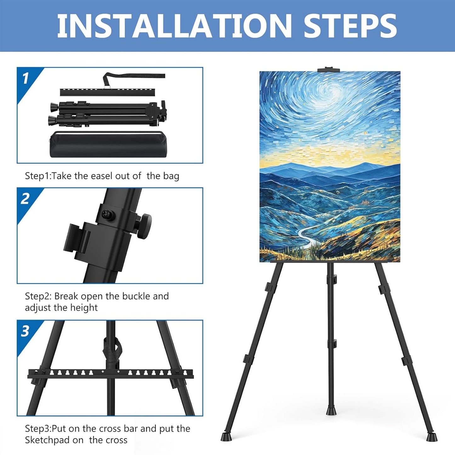 Art Painting Artist Easel Stand, Portable Adjustable Aluminum Metal Tripod Display Easel with Bag, Height from 17 to 66 inch for Table-Top/Floor Drawing and Displaying, Black