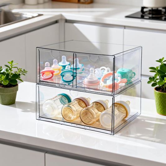 Prsildan Acrylic Drawer Makeup Organizer with 6 Drawers (Not for Baby Bottle), Set of 2 Office Desk Organizers Accessories, Clear Stackable Storage Drawers for Vanity, Craft (Largest Drawer 4" Tall)