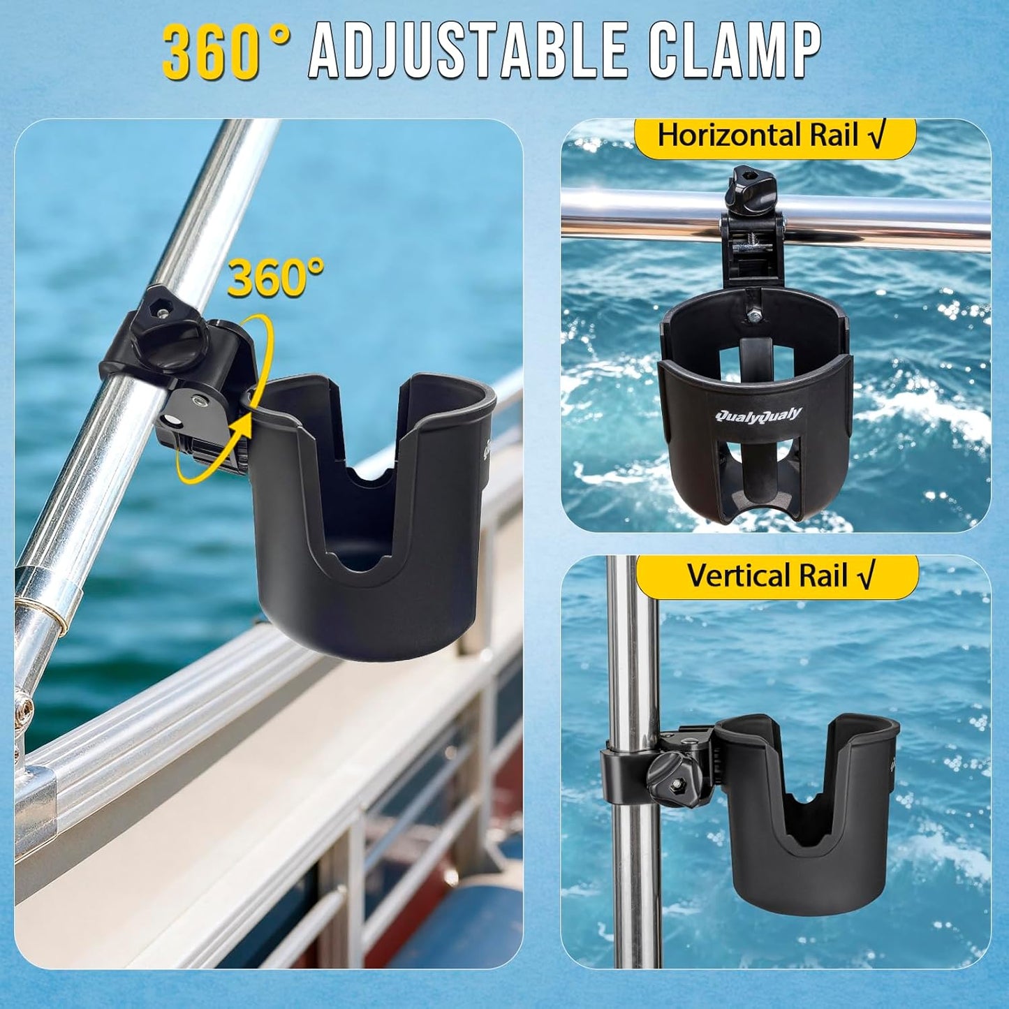QualyQualy Boat Rail Cup Holder 2 Pack, No-Drill Clamp-On Marine Cup Holders 360° Adjustable for Pontoon Boat, Bimini Top, Grab Bar, PWC, Jet Ski, Fits Round & Square Rails 15-40mm, Boat Gifts for Men
