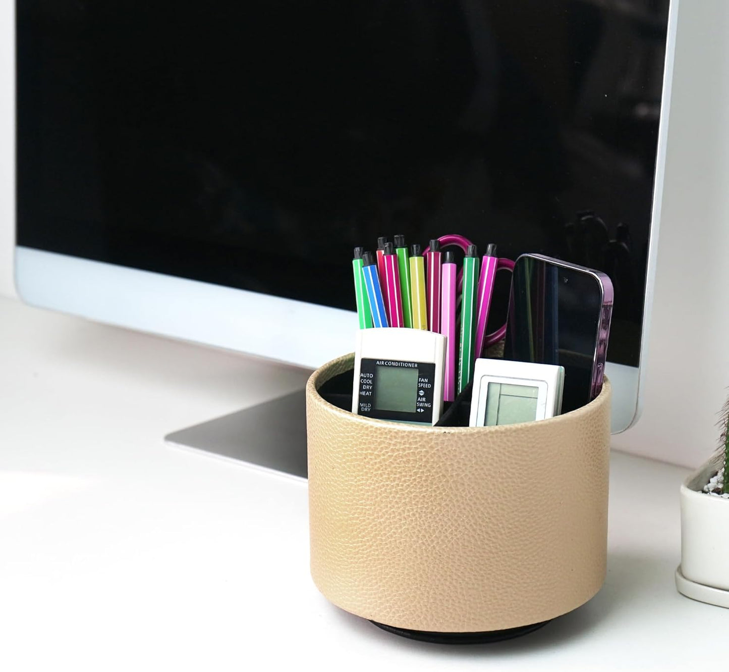Round Leather Art Supply Organizer,Remote Control Holder,360 Degree Rotating,Multi-Functional Pencil Holder,4 Compartments Desktop Stationary Organizer(1-Fractal Flower) | Round - Colors A