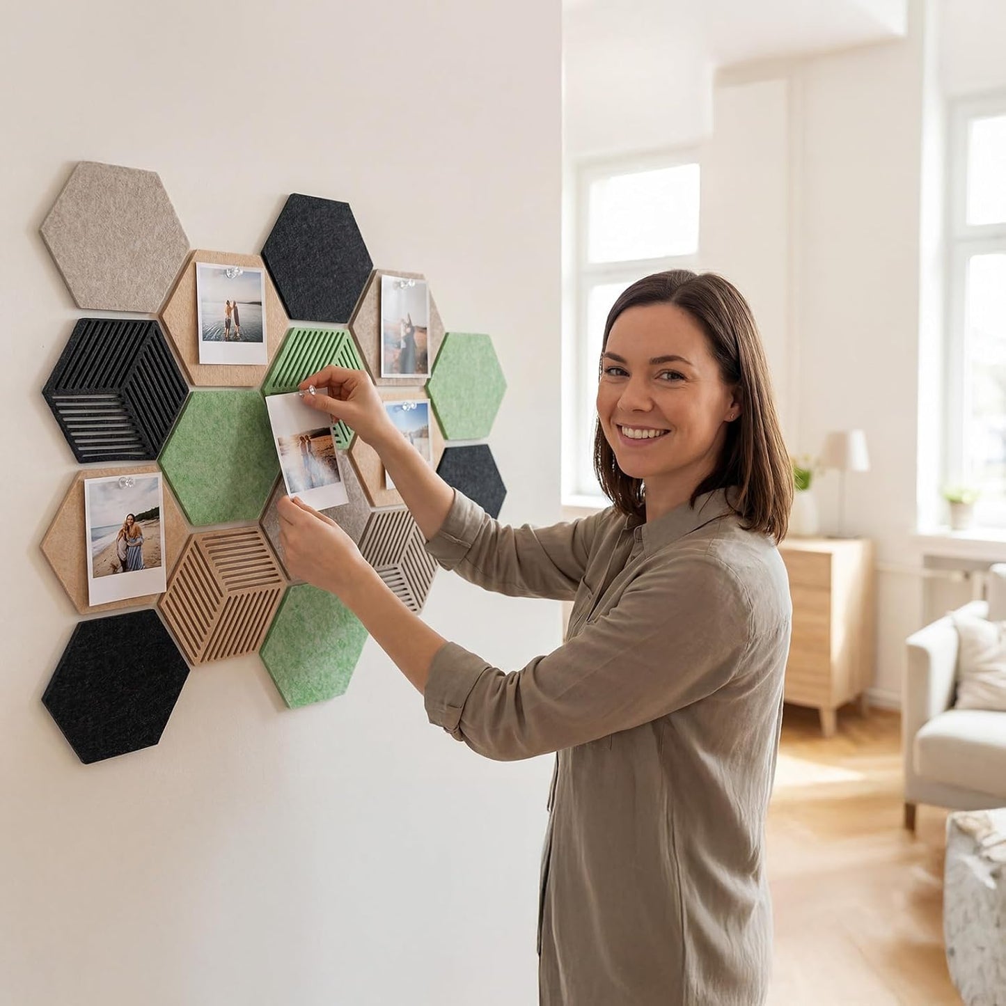 FOCHIER F 10PCS Hexagon Cork Boards for Walls Decor,12"*10.2" Felt Bulletin Board Tiles Sets for Home Office Class Kitchen with 50 Push Pins,Self Adhesive DIY Pin Board for Photos Memos
