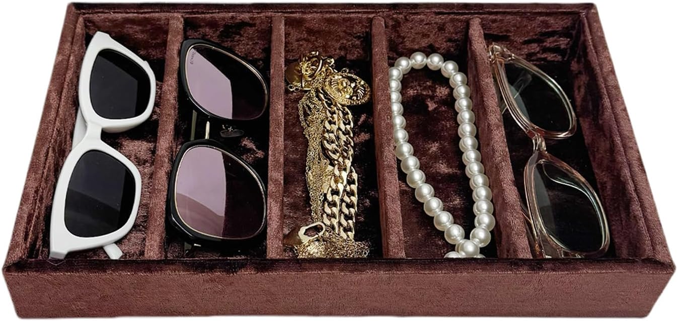 AgentMoon 5-Compartment Velvet Sunglasses & Jewelry Organizer Tray – Adjustable Dividers, Sturdy Wood, Non-Slip Storage for Watches, Glasses, Bracelets, Desk or Drawer.(Tabby Red)