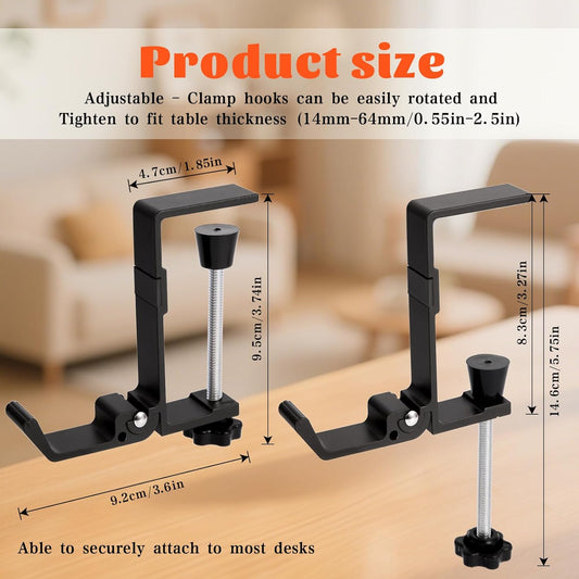 Desk Bag Hook - Bag Hanger for Table with Adjustable Arm Clamp - Aluminum Under Desk Handbag Hanger - Clamp Hook for Purse, Bag, Headphone,Fold/Black,2 pcs (White)