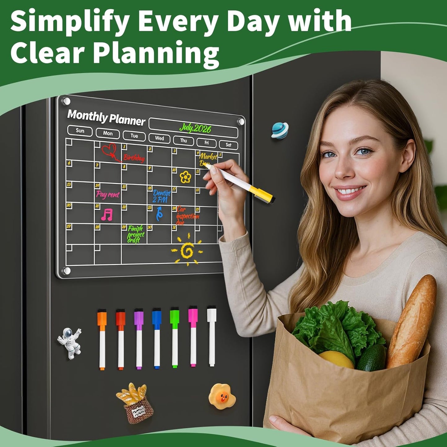 FINDMAG 4 Pack Magnetic Dry Erase Board Set, 16.5"x11.8" Magnetic Calendar for Refrigerator, Fridge Calendar Magnet, Black Weekly Planner Whiteboard for Fridge, Easy to Use with 8 Markers & Eraser
