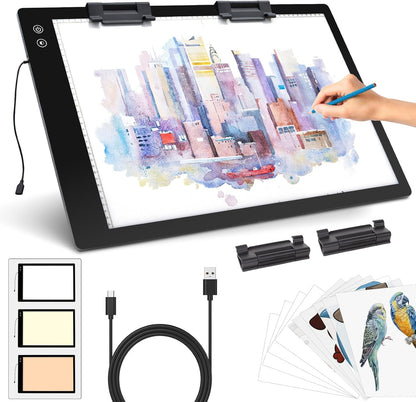 Rechargeable A4 Light Pad - Stepless Dimmable 6 Levels Brightness Tracing Light Box, Diamond Painting Light Board with Top Clip, Battery Powered Portable Light Pad for Weeding Vinyl Tracing