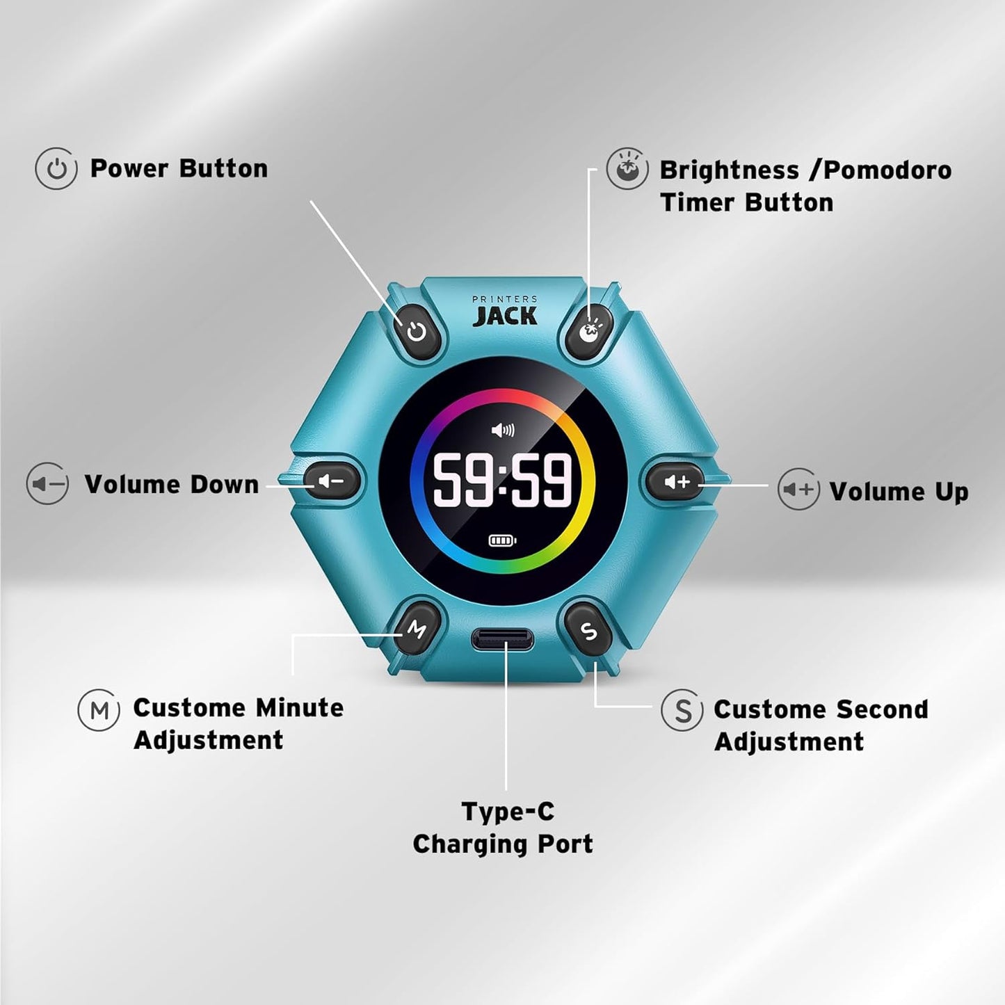 Jack Pomodoro Timer - Productivity Cube, Visual Focus Timer, Mute & Vibration & Adjustable Sound Alert, for Office, ADHD, Study, Work, 3/5/10/25/30/60min & Custom Countdown - Black