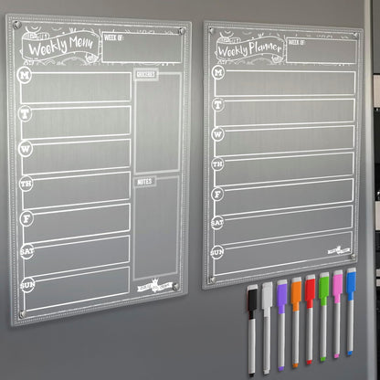 CHALKY CROWN Magnetic Dry Erase Menu Board for Fridge Includes 4 Liquid Chalk Markers - Weekly Meal Planner Blackboard, Grocery List & Notepad for Kitchen Refrigerator - Chalkboard Magnet 15.6" x11.6