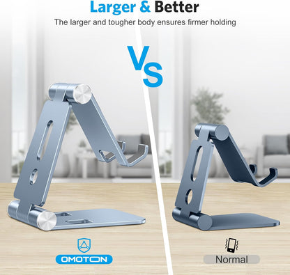 OMOTON Foldable Cell Phone Stand, C4 Portable Aluminum Phone Holder, Adjustable Phone Dock Cradle for iPhone 17/16/15 Pro Max Air, Small Tablets, Smart Phones, Women Men Gift for Fathers Day, Silver