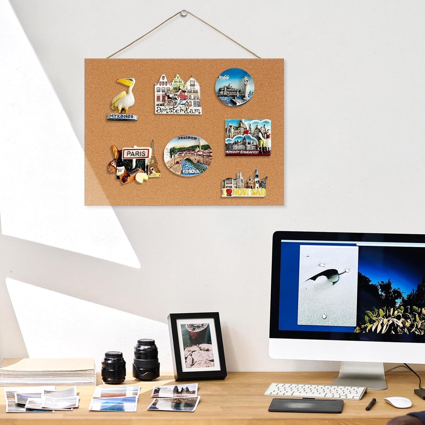 DOLLAR BOSS Bulletin Boards with Linen 1-Pack 16''X 12'' Double-Sided Cork Board for Walls Wood Framed Bulletin Boards, Small Pin Board for Home Kitchen Office Decorative Hanging 10 Pushpins
