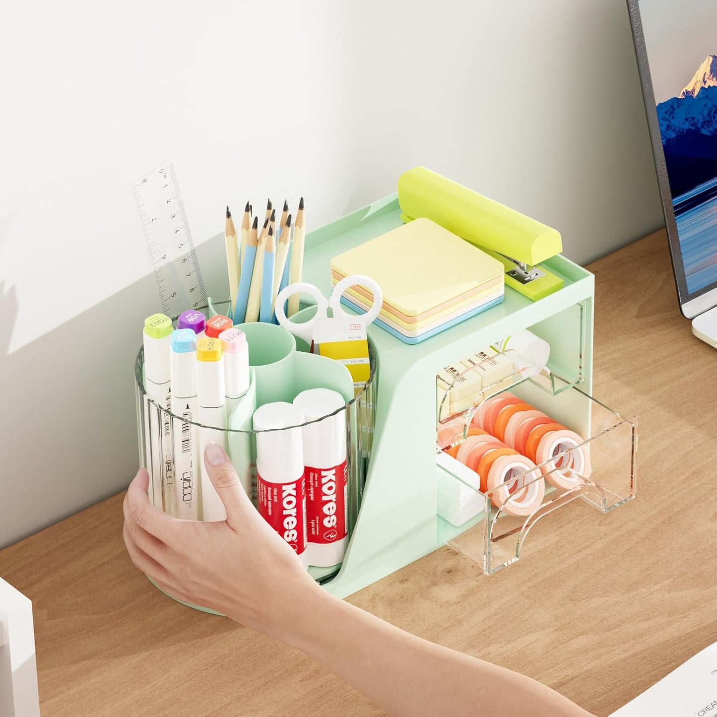 Marbrasse Desk Organizer with 2 Drawer, 360°Rotating Pen Holder, Desk Organizers and Accessories with 6 Slots Pencil Holder + 2 Drawer, Art Supply Storage Box Caddy for Office (Black)