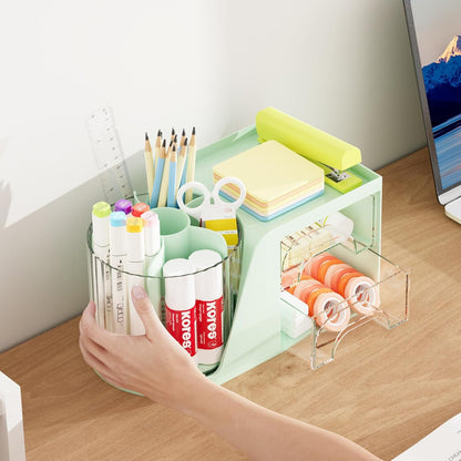 Marbrasse Desk Organizer with 2 Drawer, 360°Rotating Pen Holder, Desk Organizers and Accessories with 6 Slots Pencil Holder + 2 Drawer, Art Supply Storage Box Caddy for Office (Black)