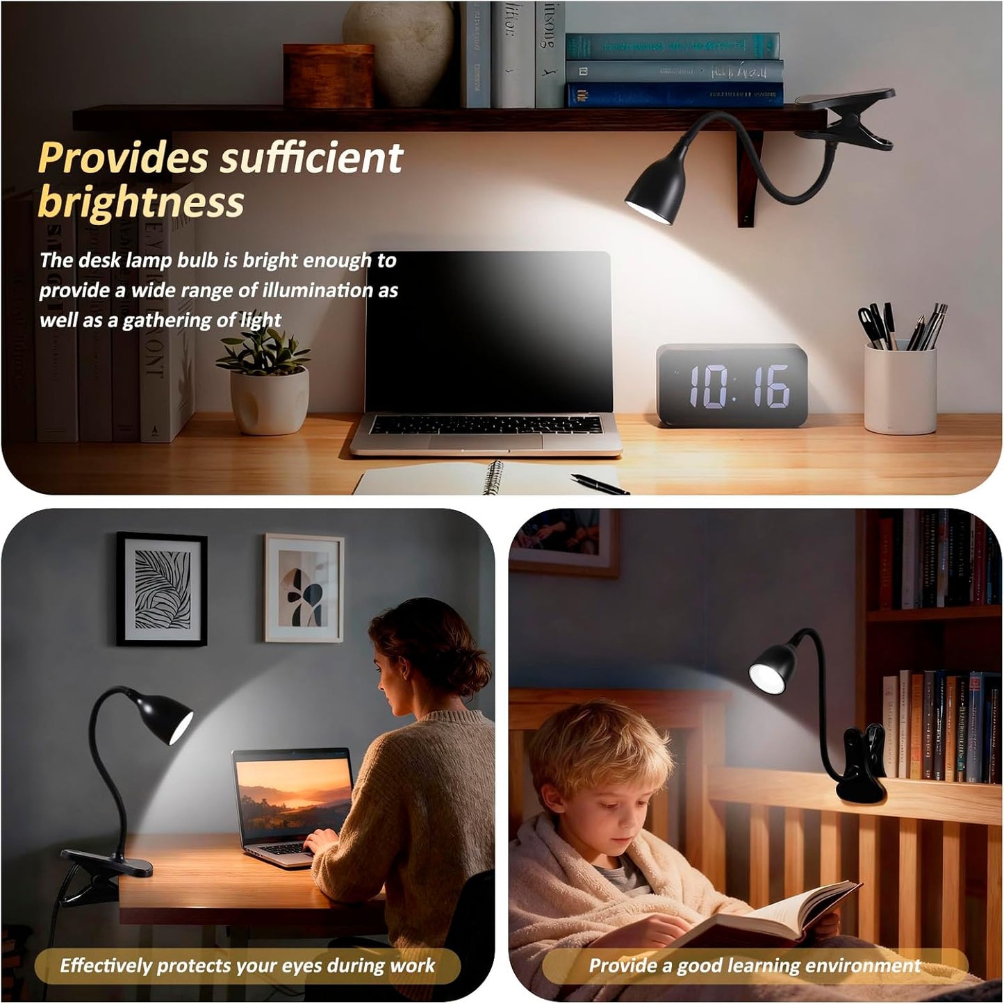 EJIAXIN Desk Lamp for Home Office - Clip on Reading Light and Bed Headboard Clamp Lamp, Bedside Gooseneck Table Lamp, Clip on Desk Lamps, Eye-Caring Desk Lamp for College Dorm Room Study Lamp, White