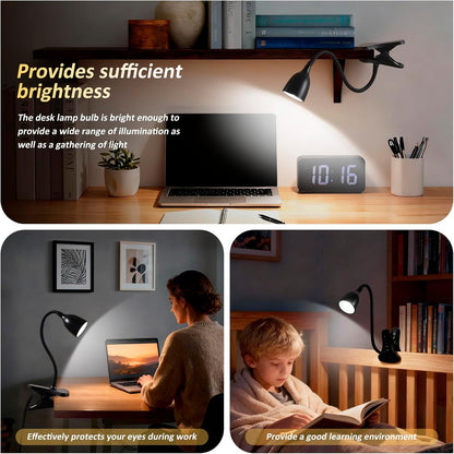 EJIAXIN Desk Lamp for Home Office - Clip on Reading Light and Bed Headboard Clamp Lamp, Bedside Gooseneck Table Lamp, Clip on Desk Lamps, Eye-Caring Desk Lamp for College Dorm Room Study Lamp, White