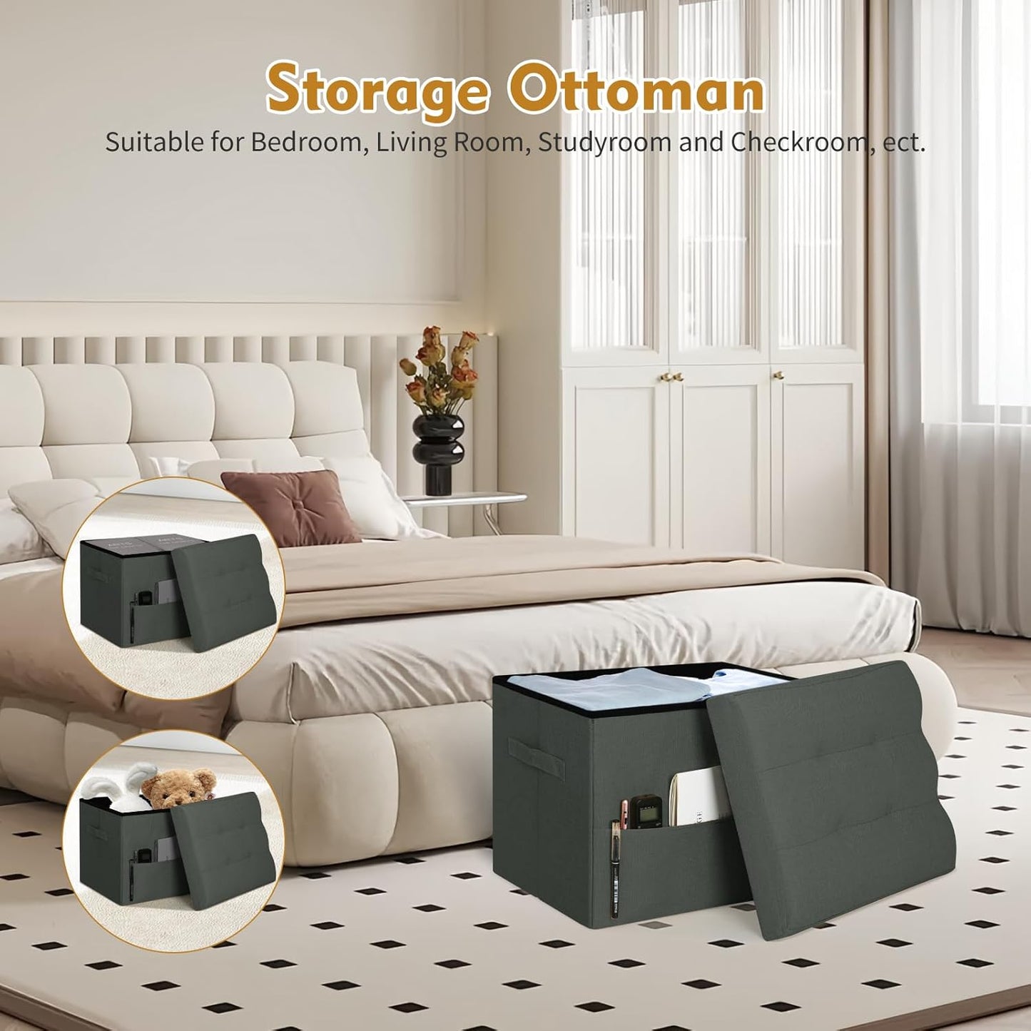 Storage Ottoman with Extra Thick Foam Padded Seat, Foldable Foot Rest Stool with Linen Fabric, 43L Ottoman with Storage Bench for Bedroom Living Room, Holds Up to 300lbs, 17x13x13in, Dark Gray