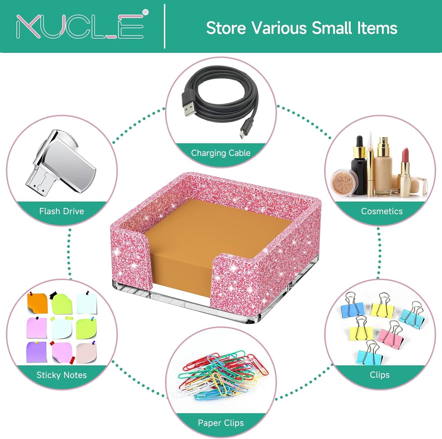 Sticky Note Holder, Glitter Pink Acrylic Notepad Holder 3x3 in Self-Stick Note Dispenser Office Desk Accessories, Memo Pad Holder Organizer for Classroom School Supplies