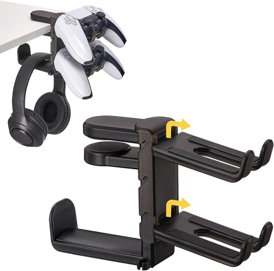 Under Desk Headphone Hanger with Strong Adhesive and Screws Mount, 360° Rotatable Dual Headset Holder Stand, Aluminum Metal Adjustable Headphone Hook, Perfect for Home Gaming & Office - Black
