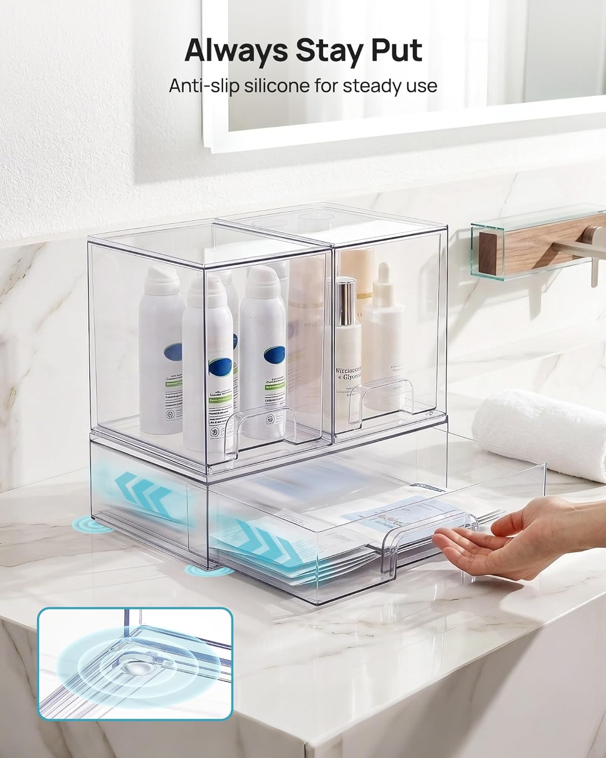 Vtopmart Stackable Storage Drawers Set of 3,Clear Plastic Organizer Bins for Makeup, Cosmetics, Beauty Supplies,Ideal for Vanity, Bathroom,Cabinet,Pantry Organization