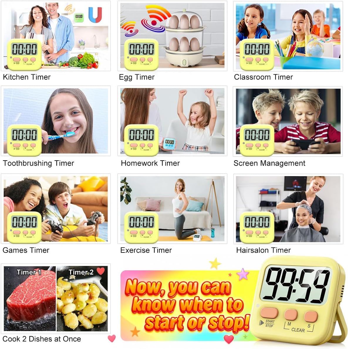 Antonki 2 Pack Digital Timer for Kids, Magnetic Countdown Kitchen Timers for Cooking, Egg, Classroom, Teacher, Exercise, Study, Oven - Battery Included