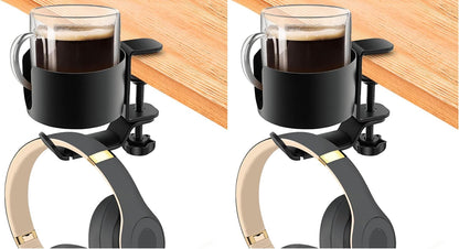 OOKUU 2 in 1 Desk Cup Holder with Headphone Hanger, Anti-Spill Cup Holder for Desk or Table, Easy to Install, Sturdy and Durable, Enough to Hold Coffee Mups, Water Bottles, Headphones