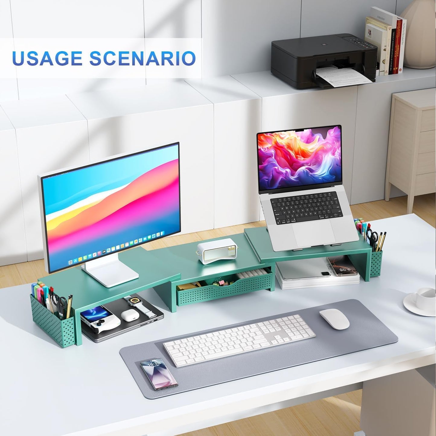 gianotter Dual Monitor Stand Riser, Desk Organizer With Drawer and 2 Pen Holders,Computer Monitor Stand, Desk Shelf for Top of Desk, Wood