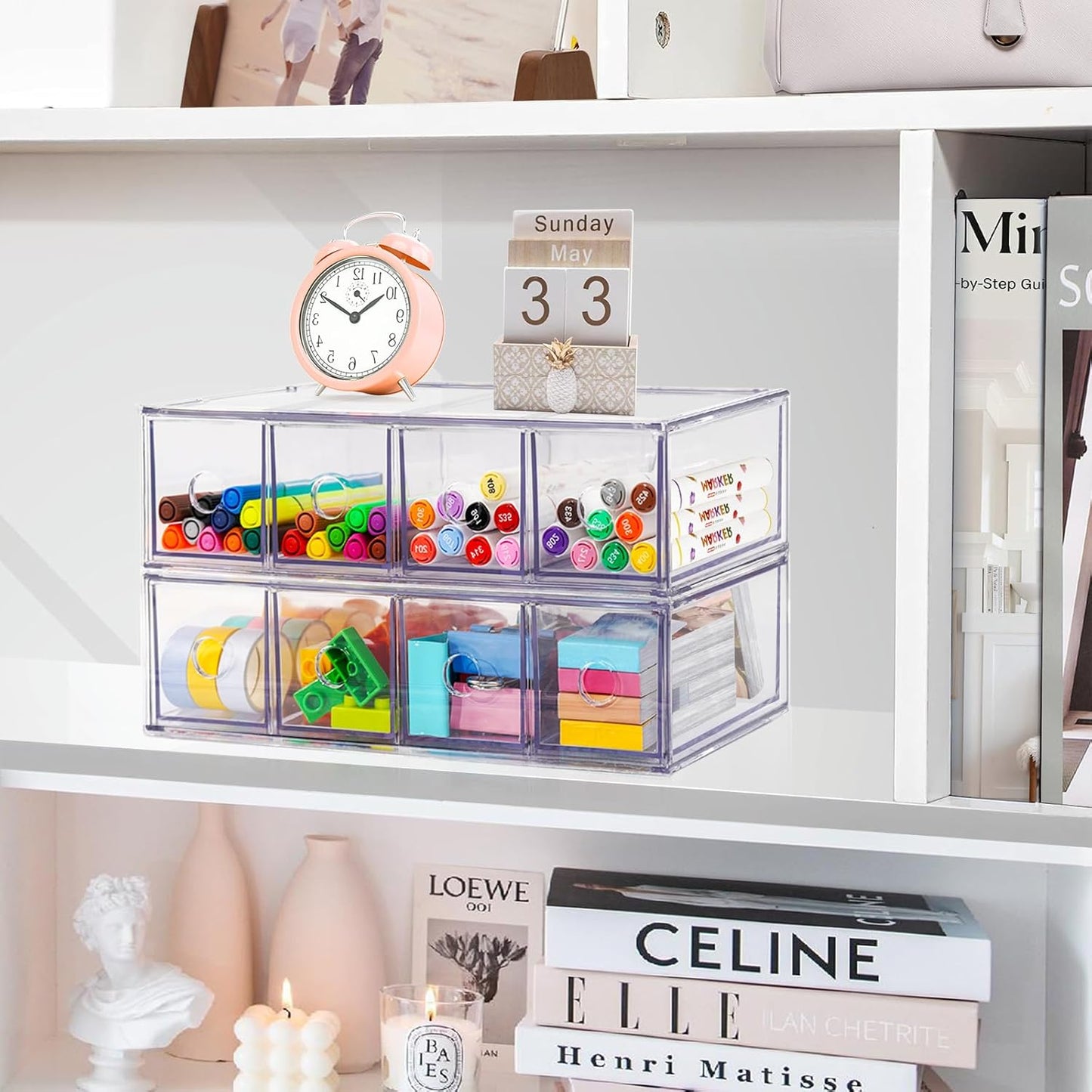 Desk Organizer with 8 Drawers, FODIENS 2 Packs Stackable Desktop Storage Box with Removable Drawer, Clear Sunglasses Organizer Display Case for Stationery Marker Pens Eyeglasses Office Supply