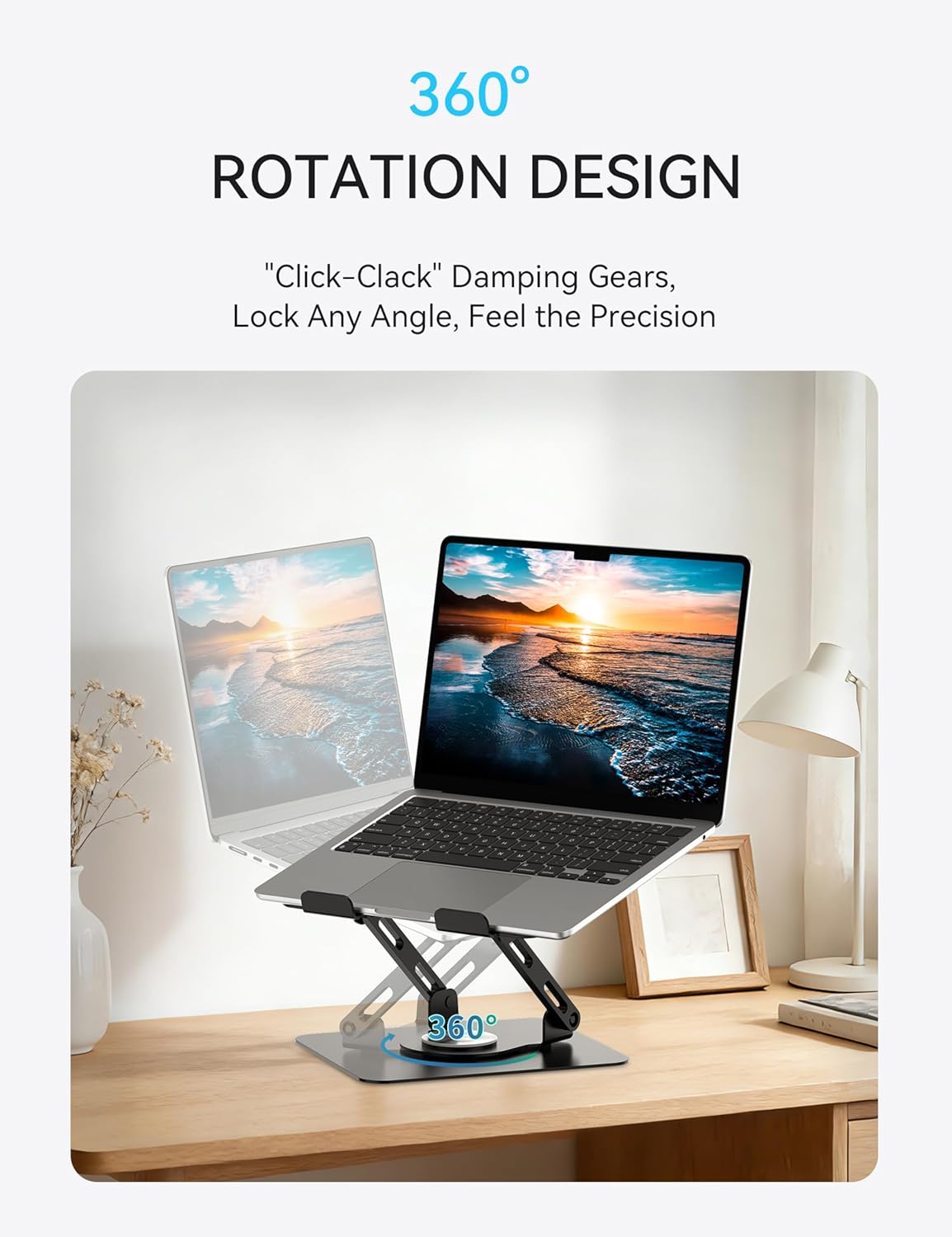SOUNDANCE 360 Rotating Laptop Stand, Ergonomic Computer Riser for Desk, Adjustable Height Multi-Angle Metal Holder, Foldable Portable Notebook Elevating Base for Office & Home, White